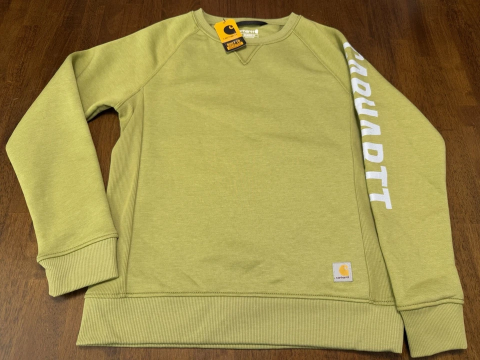 NUEVO CON ETIQUETAS Carhartt Calce Relajado Peso Medio Cuello Redondo Logo Manga Sudadera Pequeña Verde Foto 1 de 1