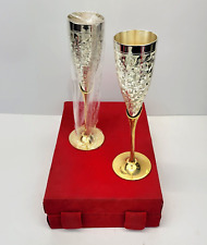 2 Brass Silver Plated Engraved Goblet Flute Wine Champagne Glasses w/ Box India