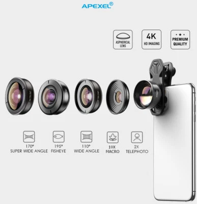 APEXEL 5 in 1 Camera Lens Kit 4k HD Wide Macro Telescope Fisheye Lens For Iphone - Image 1 of 4