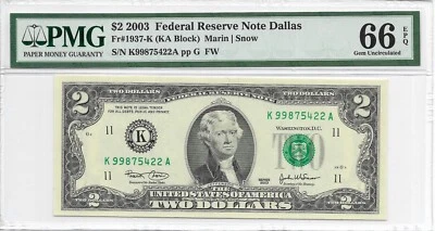 2003 $2 DALLAS FRN. PMG Gem Uncirculated 66 EPQ Banknote. Scarce Series. - Image 1 of 2