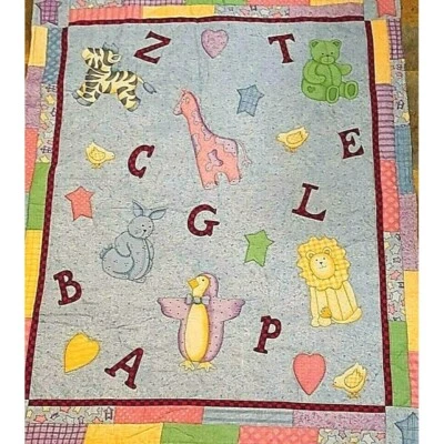 Baby Quilt Throw Crib Zoo Animals Alphabet  Blue Pink Bear Lion Rabbit Stitched - Image 1 of 4