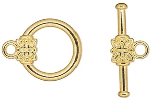 9 Gold Plated Brass 14mm Round & 20mm Bar with Flower Toggle Clasps * - Picture 1 of 2