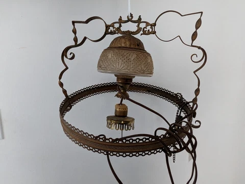 VINTAGE LIGHT BRASS & GLASS CEILING FIXTURE CHANDELIER W/ CHAIN 14" Cover