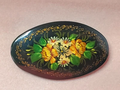 Vintage Russian Pin Handpainted Oval Lacquer Wood Flowers Floral Black Gold - Image 1 of 4