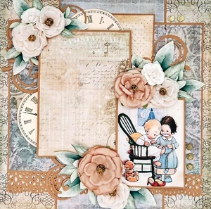 DINNER TIME- Ivory & Blue Vintage Child Feeding Brother 12x12 Premade Scrapbook - Picture 1 of 2
