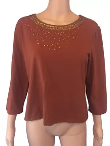 Susan Bristol Size Small Orange Copper Shirt Blouse w/ Sequin & Bead Accents - Picture 1 of 11
