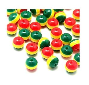 100 Beads Ghana Jamaica Rasta Red Green Yellow Striped  Colors Resin Round 6mm