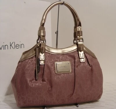 Calvin Klein Logo Jacquard Mauve Pink Metallic Gold Handbag Purse Satchel Bag - Image 1 of 4