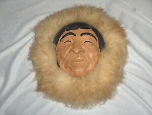 Vintage Ceramic Eskimo Face Mask Fur & Leather Native American Arts Signed JD