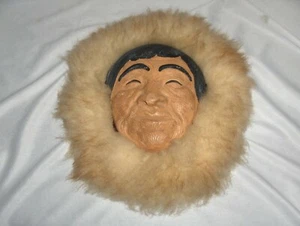 Vintage Ceramic Eskimo Face Mask Fur & Leather Native American Arts Signed JD - Picture 1 of 6