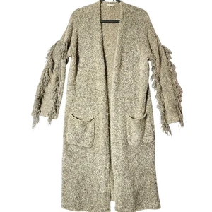 Mystree Womens Duster Cardigan Sz L Midi Long Sleeves Fringed Champagne Beige - Picture 1 of 13