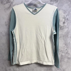 Vintage Adidas Damen Langarmshirt weiß/blau Y2K V-Ausschnitt Large 19x23,5 - Bild 1 von 12