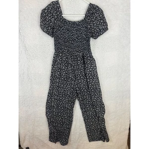 Art Class Girls XL Floral Print Smocked Puff Sleeve Jumpsuit Black White - Picture 1 of 6