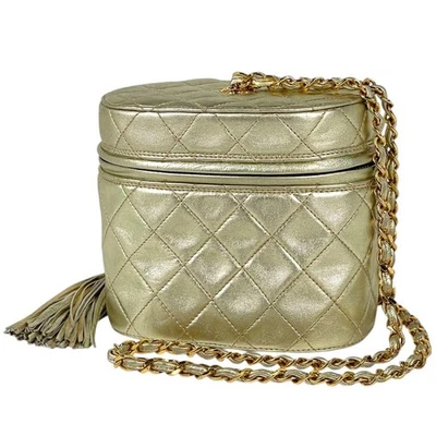 Bolsa de ombro CHANEL Vanity Matelasse Coco Mark franja corrente couro dourado #BS436 - Imagem 1 de 4