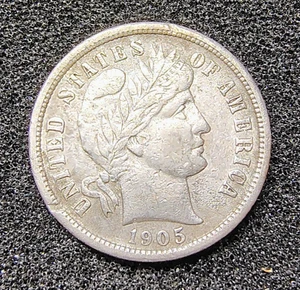 1905-S Barber Silver Dimer - VF-XF Condition - Rarity R-3.5 - Est. Pop.- 7,500 - Picture 1 of 20