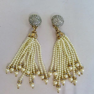 VINTAGE CORALEE PEARL RHINESTONE CHANDELIER CLIP-ON EARRINGS - NICE - Picture 1 of 6