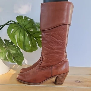 Vintage 70s Dexter Leather Stacked Heel Cuffed Western Boot Brown USA Made 9.5M - Bild 1 von 16