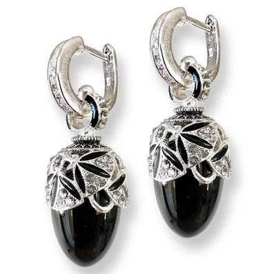 925 Silver Black Onyx Faberge Art Deco Egg Earrings Swarovski Crystals Enamel - Image 1 of 4