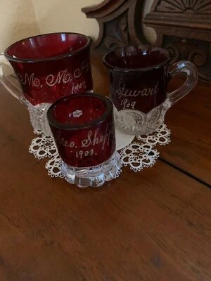 Three Antique Souvenir Ruby Flash Etched Cups 1900's - Image 1 of 4