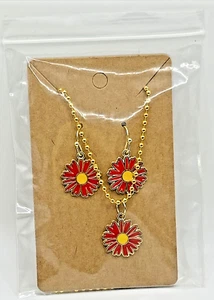 Spring Set: Enamel Gerbera Daisy Dangle Drop Earrings & 30" Ball Chain Necklace - Picture 1 of 4