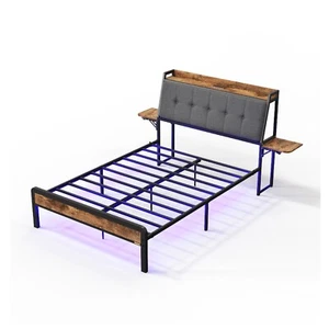 Queen/Full Size Bed Frame w/ Storage Headboard & Charging Station & LED Light - Picture 1 of 23