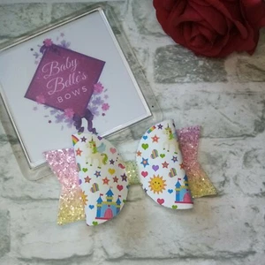 Fairy Tail Unicorn And Rainbows Colourful Girls Hair Bow Glitter - Picture 1 of 1