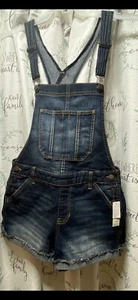 No Boundaries NOBO Denim Shortall Bib Overall Shorts Juniors Medium (7-9) Cuffed - Picture 1 of 6