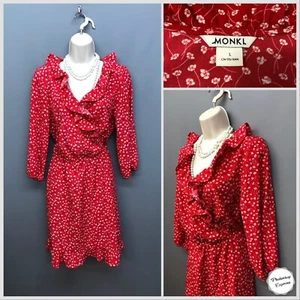 Monki Red & White Floral Short Ruffle Dress Large Retro Holiday - Picture 1 of 13