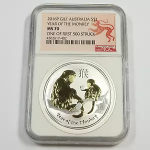 2016 NGC MS70 AUSTRALIA Gold Gilt 1 oz Silver Year of the Monkey $1 Coin #50453A - Picture 1 of 2