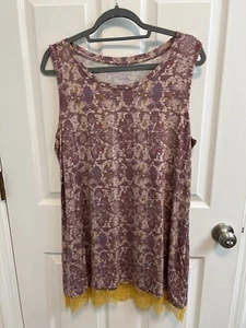 Logo Layers By Lori Goldstein Rose Purple Printed Tank Gold Lace Trim XL New - Bild 1 von 12