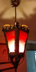 Lámpara de Vidrio Rojo Vintage Apellido Techo Iluminación Latón Metal Candelabro Portugal - Imagen 1 de 10