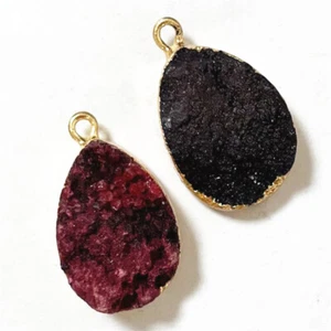 2Pcs Red Black Titanium Crystal Agate Druzy Quartz Teardrop Pendant S0046243 - Picture 1 of 3