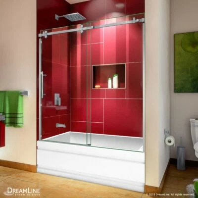 Enigma Sky 56-60 in. W x 62 in. H Frameless Sliding Tub Door, Brushed St. Steel - Image 1 of 4