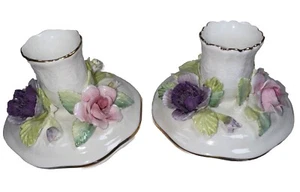 Crown Staffordshire Bone China Floral Candle Stick Holders VTG READ - Picture 1 of 13