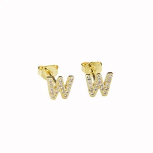 14k Yellow Gold Created Diamond Initial W Letter Stud Earrings Plated - Picture 1 of 1