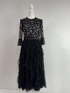 Vestido Ivy City Co Paris Talla M Negro Floral Cuentas Bordado Encaje Midi Volantes - Imagen 1 de 13