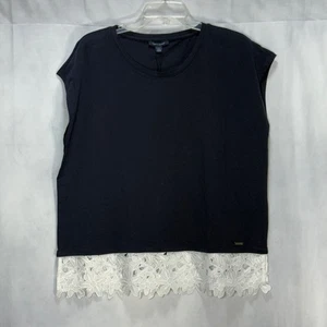 Tommy Hilfiger Women’s Size L Navy Blue Cap Sleeve Lace Trim Knit Tunic Top Y2K - Picture 1 of 10