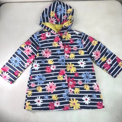 Gymboree Girls XS 4 Raincoat Blue Striped Floral Hooded Rain Jacket Kids - Image 1 of 4