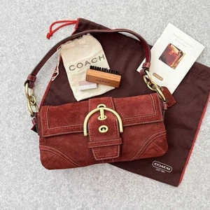 COACH Soho Demi Flap Shoulder Bag Suede Red Used Excellent+ Condition Auth JAPAN - Picture 1 of 12