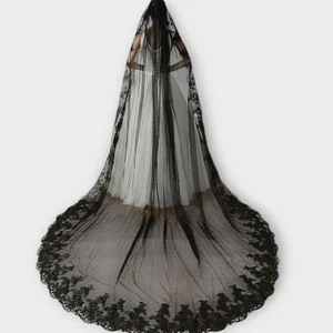 Black Veil Lace Edge Cathedral 10' Wedding Veil Long Gothic Bridal Cosplay Witch - Picture 1 of 4