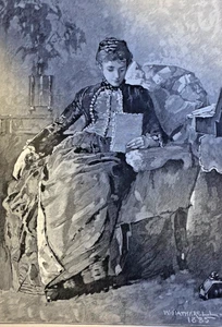 1886 Vintage Zeitschrift Illustration viktorianische Frau liest Brief - Bild 1 von 2
