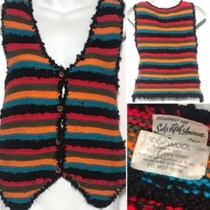 Unisex Vintage Colorful 100% Wool Knit Vest Button Down Saks Fifth Ave Size M - Picture 1 of 3