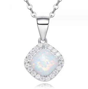 Best Sale Square White Fire Opal Gemstone 925 Sterling Silver Necklace Pendants - Picture 1 of 5