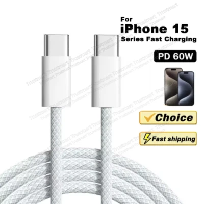 Type C to Type-C Cable PD 60W PD Fast Charger Braided For iPhone 15 16 Samsung - Image 1 of 4