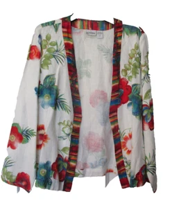 Chicos Women’s 100% Linen White Open Front Floral Holiday Print Jacket Size M - Picture 1 of 3