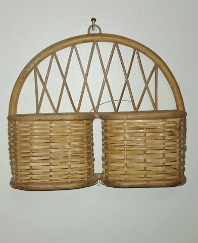 Vtg Double Wicker Boho Hanging Wall Basket 12" Cover