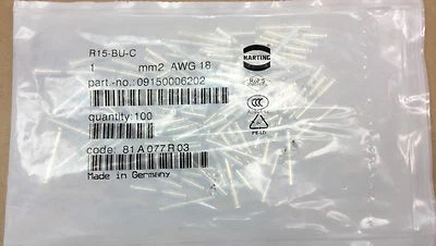 HARTING 09150006202 MM2 AWG18 CRIMP CONNECTOR R15-BU-C (SET OF 100) NEW IN PKG - Image 1 of 3