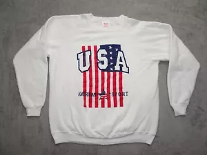 Vintage Hanes Sport Patriotic American Flag Fleece Sweat Shirt Large White - Picture 1 of 9