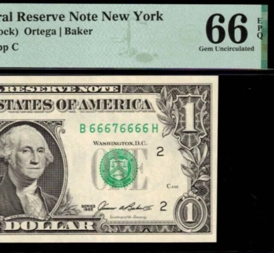 1985 $1 Federal Reserve Note PMG 66EPQ Fancy near solid serial number 66676666 - Image 1 of 3