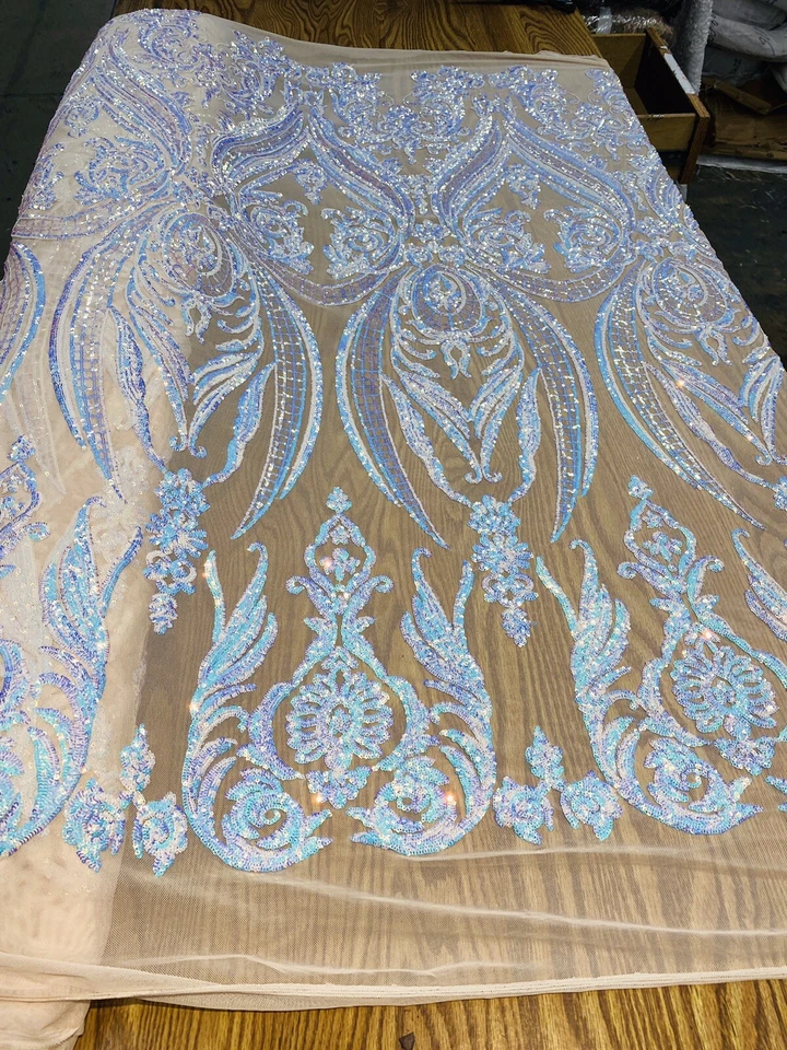 BLUE/PINK IRIDESCENT DAMASK SEQUINS DESIGN ON A NUDE 4 WAY STRETCH MESH-BY YARD. - Image 1 of 1